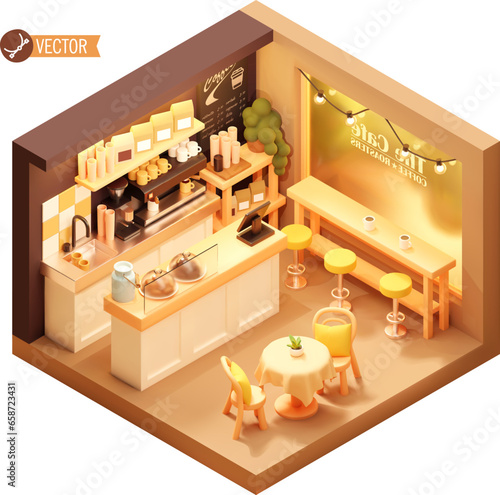 Vector isometric coffee shop or coffeehouse. Cafe interior with big window, coffee machine and grinder, tables, seats, counter, cash register and blackboard menu