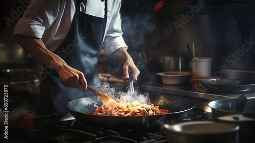 Close-up of professional cook's hands in uniform apron adds some spices to dish, prepares delicious meal for guests in cuisine kitchen in hotel restaurant. The male chef adds salt to a steaming hot