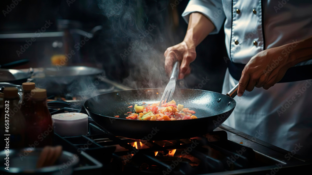 Close-up of professional cook's hands in uniform apron adds some spices to dish, prepares delicious meal for guests in cuisine kitchen in hotel restaurant. The male chef adds salt to a steaming hot Close-up of professional cook's hands in uniform apron adds some spices to dish, prepares delicious meal for guests in cuisine kitchen in hotel restaurant. The male chef adds salt to a steaming hot