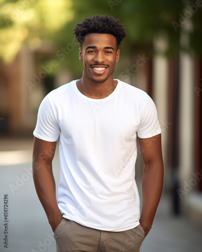 Handsome Smiling Black Man in White Cotton Shirt on Outdoor Setting. T-shirt Mockup.