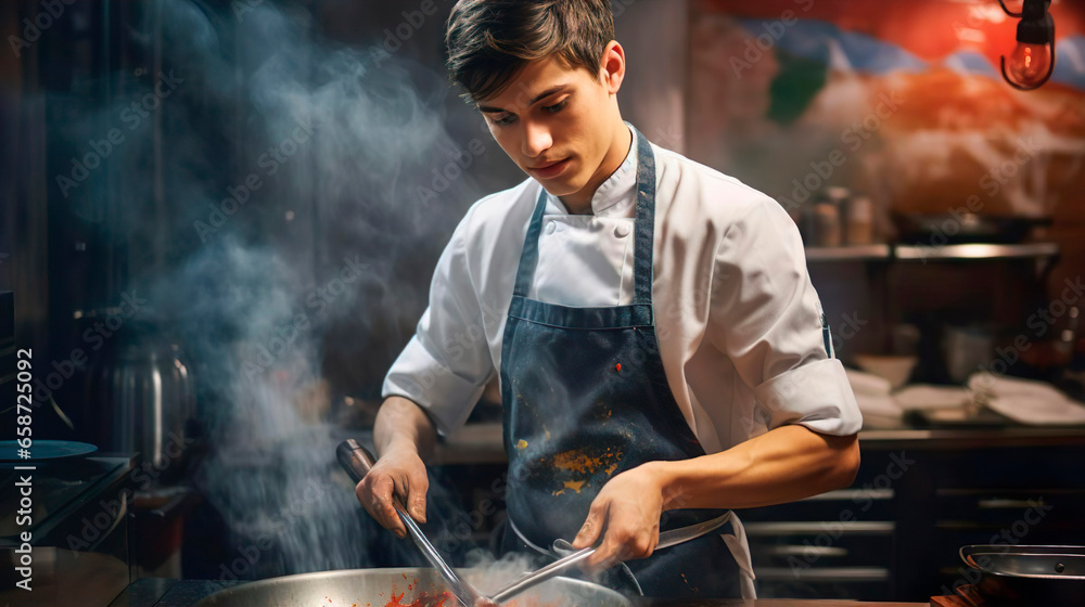 Professional young cook in uniform apron and hat adds some spices to dish, prepares delicious meal for guests in cuisine kitchen in hotel restaurant. The male chef adds salt to a steaming hot frying