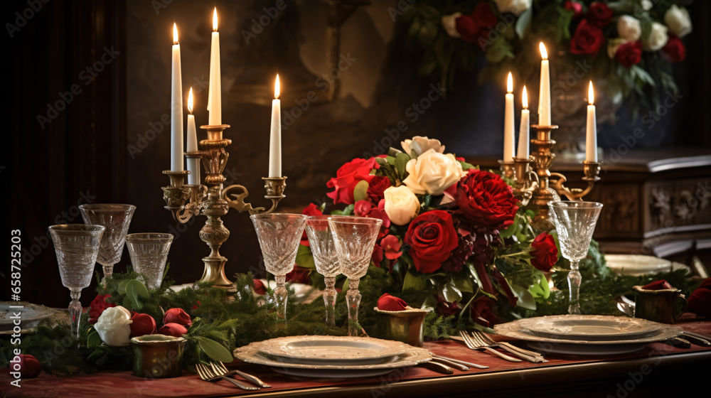 Modern luxuryous christmas table, christmas, table, decoration, home, room, tree, interior, fireplace, house, christmas tree, holiday, dinner, celebration, decor, candle, flowers, xmas, restaurant