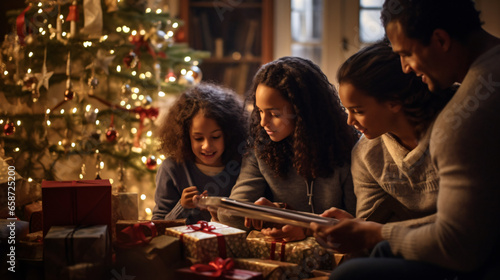 Christmas family gathered around a beautifull, woman, christmas, people, person, family, sitting, beauty, child, home, smiling, mother, lady, winter, fashion, indoors, holiday, table, smile photo