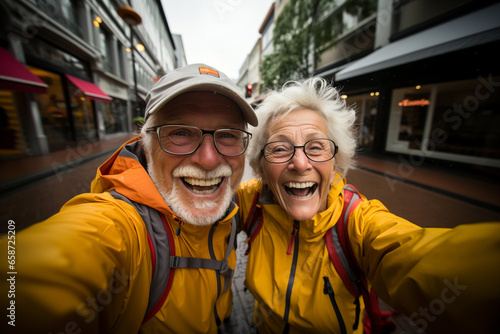 Selfie shot of smiling senior couple taking selfie on mobile, smartphone while traveling in street or calling their friends, relatives in yellow rain coats. Elderly healthy life concept