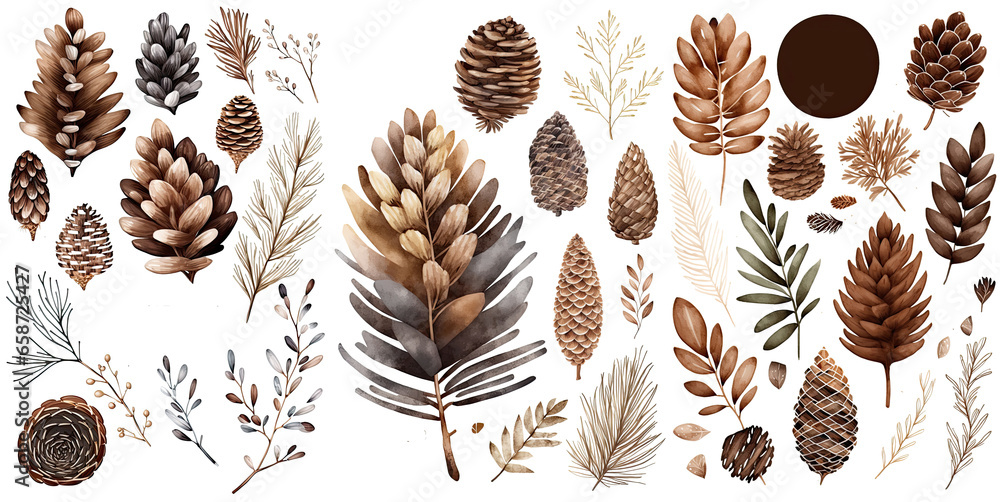 Set of Pine cone and branches watercolor collection of hand drawn, Pine