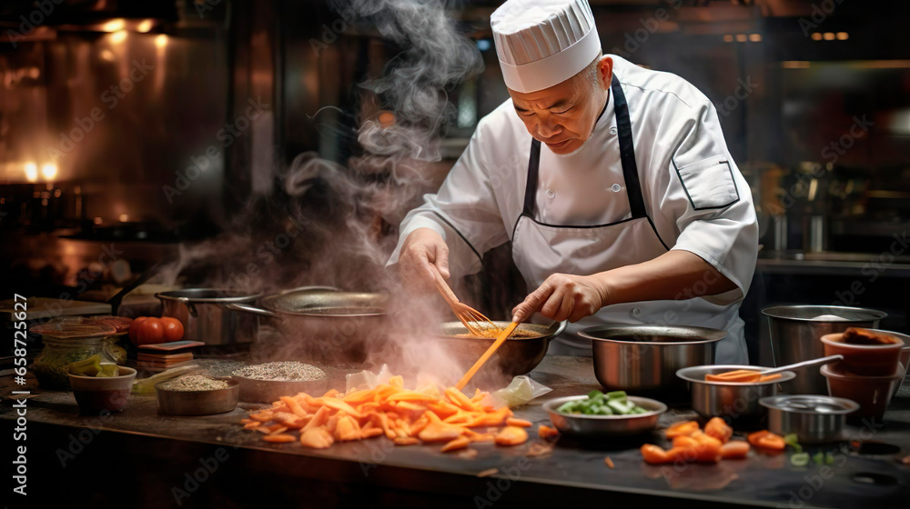 Professional Asian elderly cook in uniform adds some spices to dish, prepares delicious meal for guests in cuisine kitchen in hotel restaurant. The male chef adds salt to a steaming hot frying pan Professional Asian elderly cook in uniform adds some spices to dish, prepares delicious meal for guests in cuisine kitchen in hotel restaurant. The male chef adds salt to a steaming hot frying pan