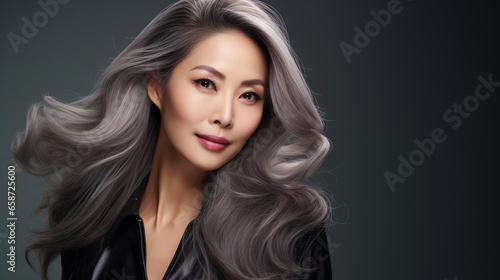 Japanese beautiful aging woman portrait with smooth health skin face for advertising design. Fit asian beautiful gray hair looking woman, beauty health skincare and cosmetics advertisement commercial 