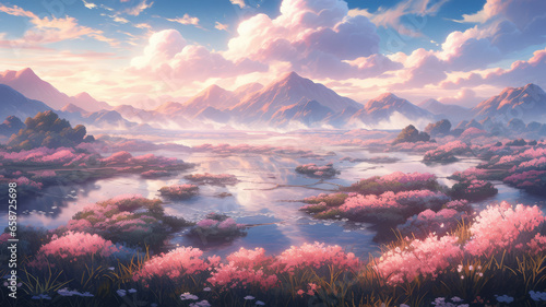 Beautiful colorful anime landscape in a fantasy world - Generative AI