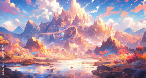 Beautiful colorful anime landscape in a fantasy world - Generative AI