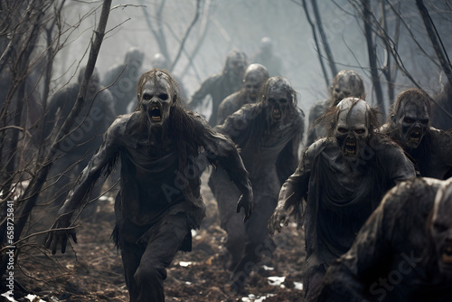 group of angry zombies running in winter forest at day. Neural network generated image. Not based on any actual person or scene.