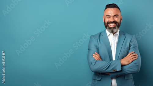Photo of handsome man in casual wear. Studio portrait with blue wall on background
