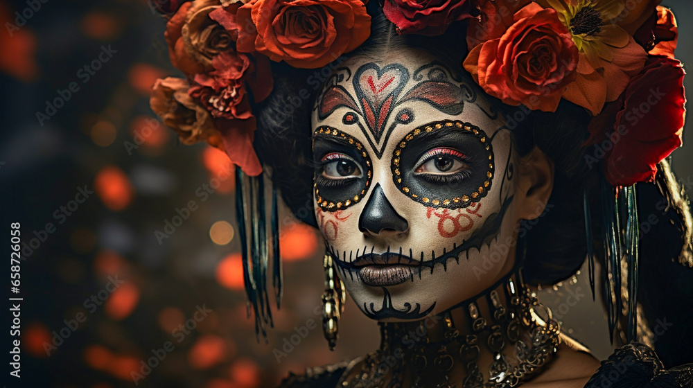Mexican woman dressed for Day of the Dead (Día de los Muertos) celebrations with elaborate makeup including black and white colorful face paint, black eyes, and a bouquet of red roses