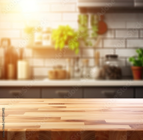 Wooden countertop texture on blurred kitchen window background.
