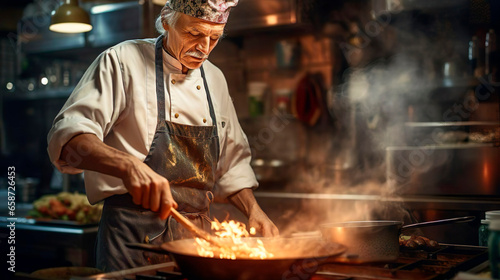Professional elderly cook in uniform adds some spices to dish, prepares delicious meal for guests in cuisine kitchen in hotel restaurant. The male chef adds salt to a steaming hot frying pan. Food © Irina