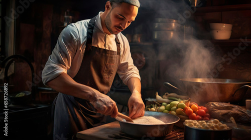 Professional cook in uniform apron and hat adds some spices to dish, prepares delicious meal for guests in cuisine kitchen in hotel restaurant. The male chef adds salt to a steaming hot frying pan