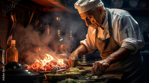 Professional elderly cook in uniform adds some spices to dish, prepares delicious meal for guests in cuisine kitchen in hotel restaurant. The male chef adds salt to a steaming hot frying pan. Food