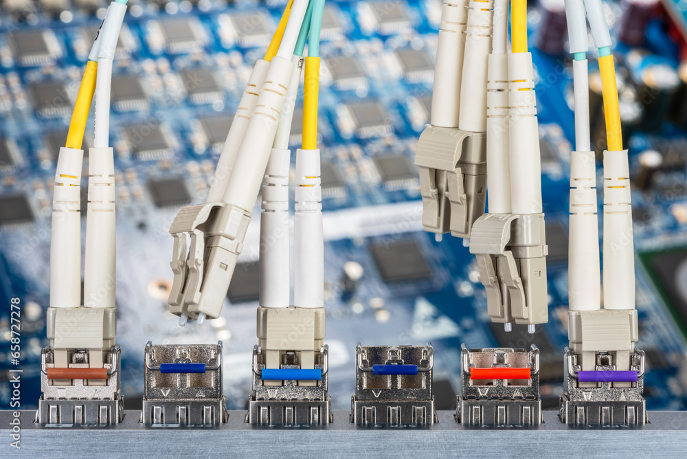 Ταπετσαρία Optical fibre patch cords and gbic connected to the switch with Print Circuit Bo