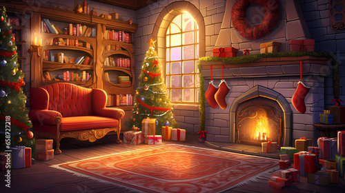 Cosy Christmas Room Card. Home Interior Background. Warm atmosphere illustration for holiday projects.