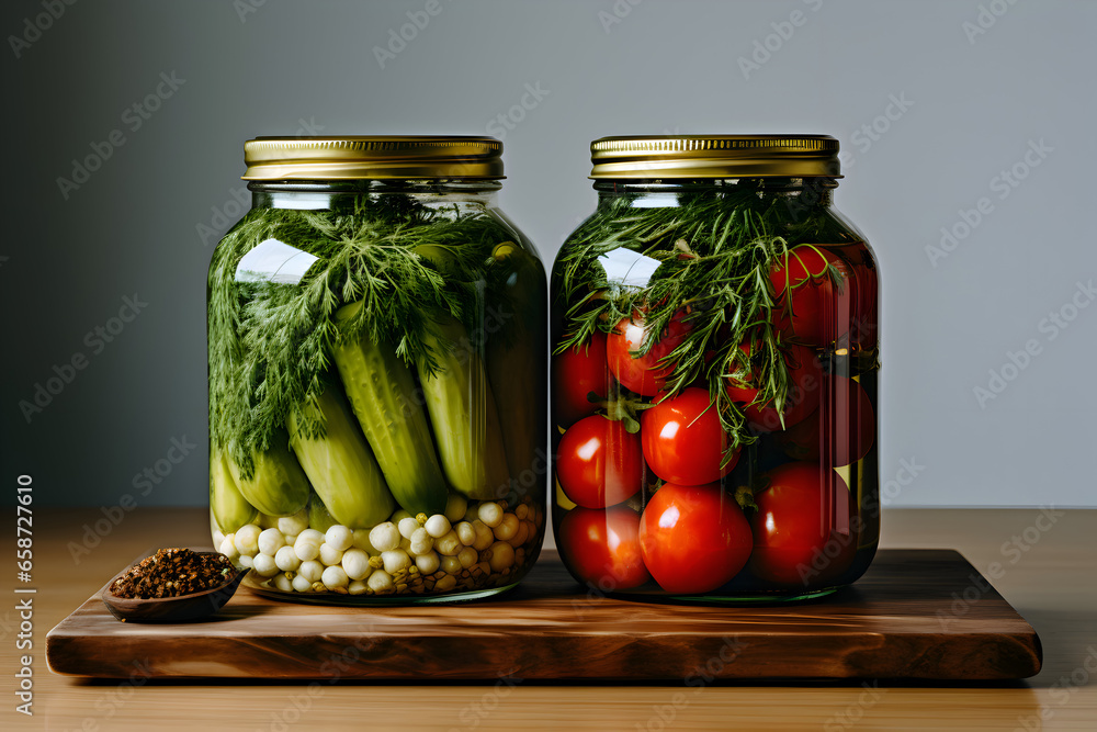 Canned cucumbers and tomatoes in glass jars. Home preservation for the winter Canned cucumbers and tomatoes in glass jars. Home preservation for the winter