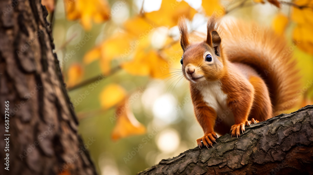 wildlife photography of a red squirrel on a tree under wonderful autumn light and colors