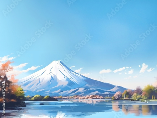 beautiful mountain with lake and blue sky. with copy space for text,