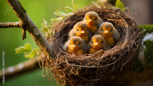 bird nest on a tree (Chaffinch (Fringilla coelebs) chicks with their beaks wide open in their nest. France.)