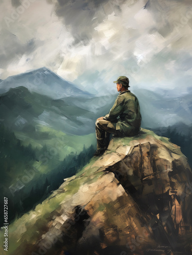 A sad man  feeling loneliness  sitting top of mountain  under a cloudy sky  oil painting