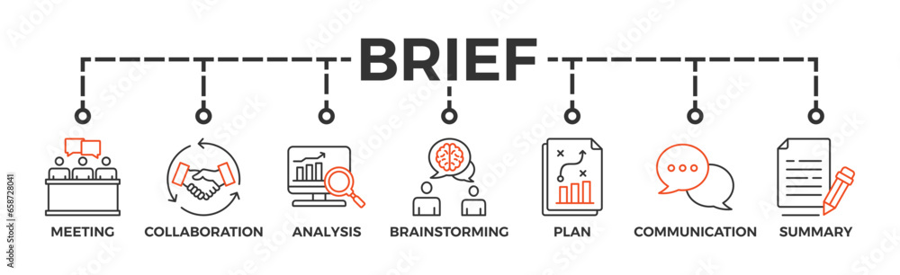 Brief banner web icon for a briefing of business plan with an icon of meeting, collaboration, analysis, brainstorming, plan, communication, and summary Brief banner web icon for a briefing of business plan with an icon of meeting, collaboration, analysis, brainstorming, plan, communication, and summary