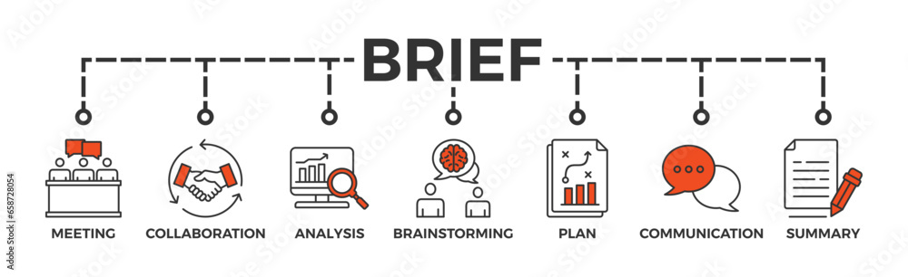 Brief banner web icon for a briefing of business plan with an icon of meeting, collaboration, analysis, brainstorming, plan, communication, and summary Brief banner web icon for a briefing of business plan with an icon of meeting, collaboration, analysis, brainstorming, plan, communication, and summary