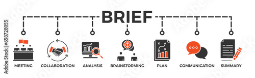 Brief banner web icon for a briefing of business plan with an icon of meeting, collaboration, analysis, brainstorming, plan, communication, and summary