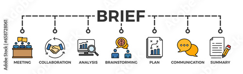 Brief banner web icon for a briefing of business plan with an icon of meeting, collaboration, analysis, brainstorming, plan, communication, and summary