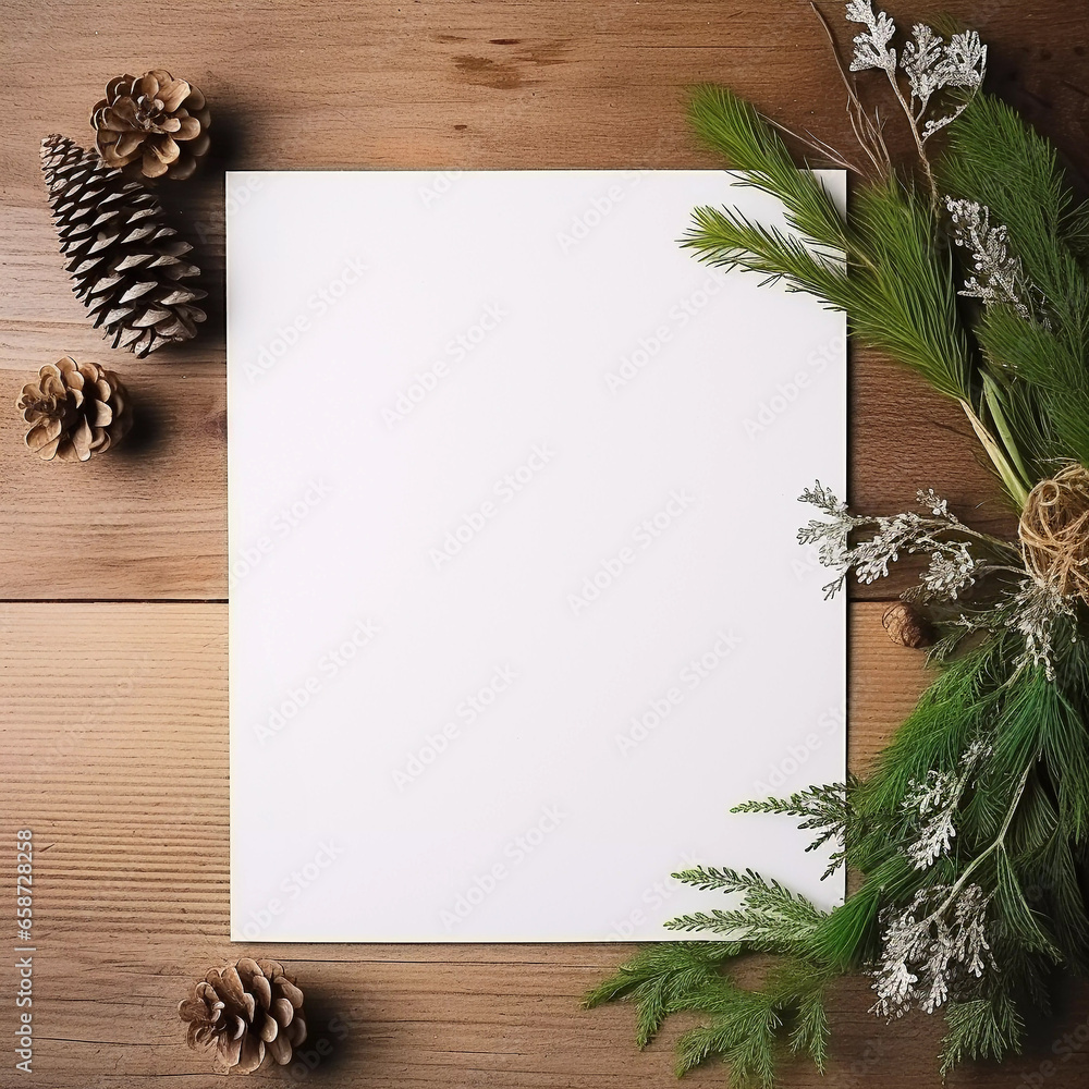 Beautiful Christmas Composition with Blank Card. Mockup for holiday designs.