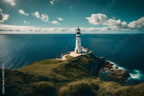 Generate an image of a serene coastal landscape with a lighthouse overlooking the sea