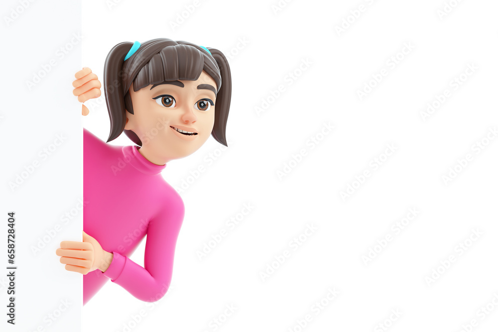 3d girl peeking out from behind wall 3d girl peeking out from behind wall