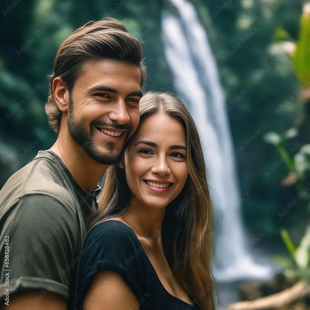 Hombre y mujer jóvenes sonriendo junto a un salto de agua Hombre y mujer jóvenes sonriendo junto a un salto de agua
