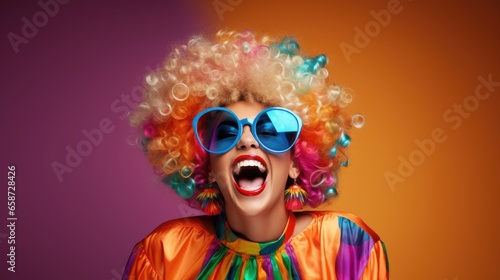 Beauty woman with laughinggirl blond hair  happy and funny girl wearing 80s colorful fashion and glasses in Stylish woman posing as supermodel on orange studio background  Generative AI
