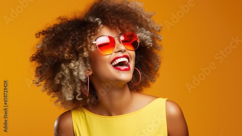 Beauty woman with laughinggirl blond hair, happy and funny girl wearing 80s colorful fashion and glasses in Stylish woman posing as supermodel on orange studio background, Generative AI