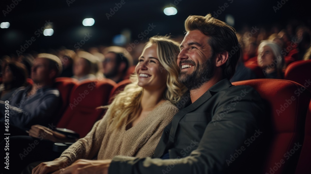 Cheerful happy couple with family watching movie in cinema with blurred audiences background, Generative AI