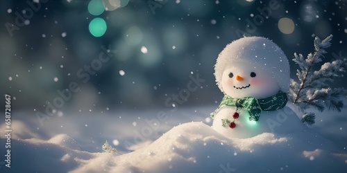 Christmas background of light snowfall falling with beautiful bokeh, a cute cheerful snowman in the snow, Christmas wallpaper, Christmas background, Generative AI, Generative, AI