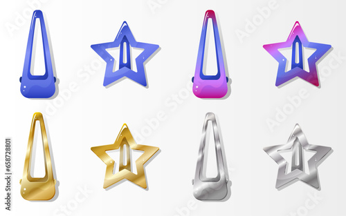 Hair clips (long and in form of stars). Golden, silver, purple and cosmis hair pins for girls. Isolated vector illustration
