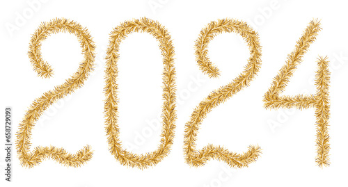 Tinsel. 2024. Lettering from a festive Christmas decoration. Fluffy numbers. Golden color. Vector illustration. Isolated background. Cute plush message. The coming year. Rustling lettering. 