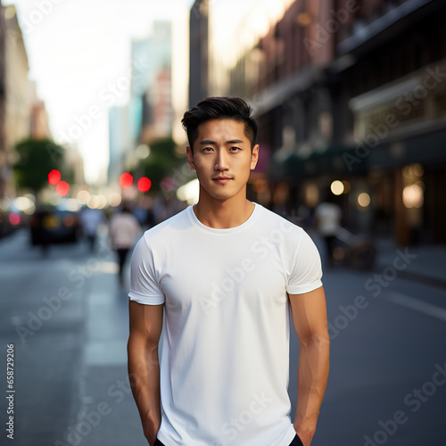 Male Model wearing white cotton shirt city street background