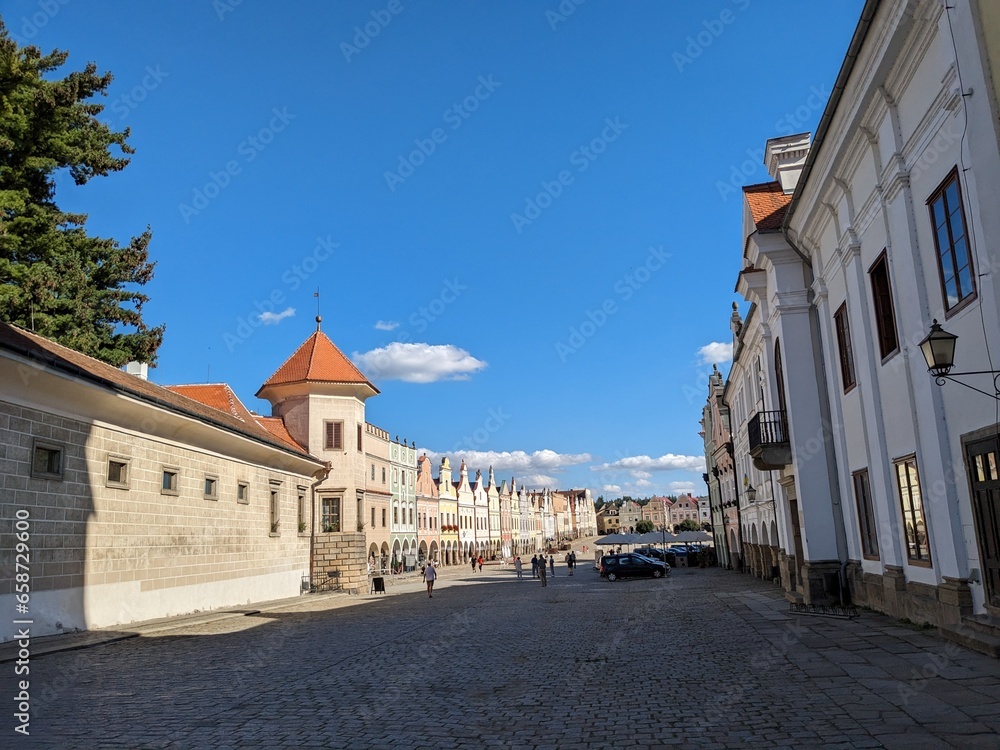 Telc town in the southern Czech Republic.Known for its Italian Renaissance architecture chateau, formerly a Gothic castle,old town square and columns view-UNESCO