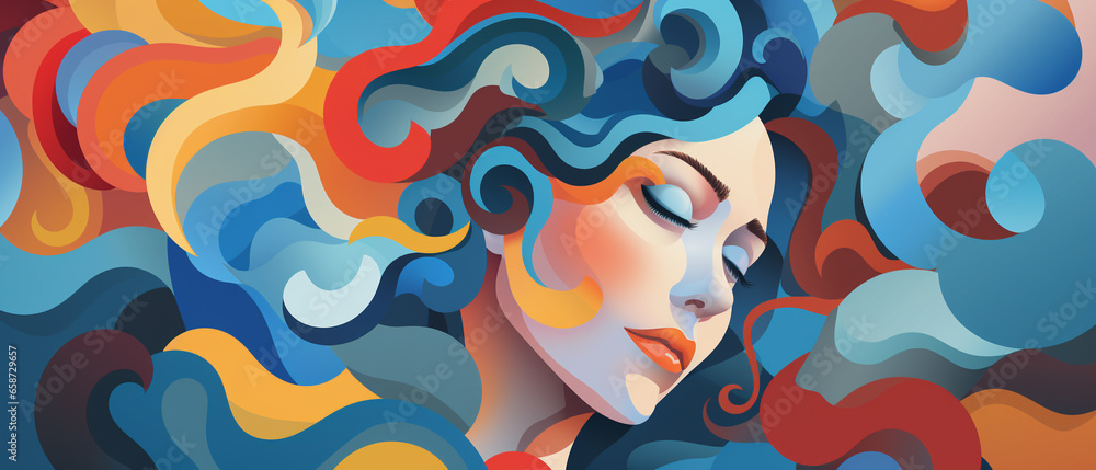 abstract colorful background of a woman surrounded by waves
