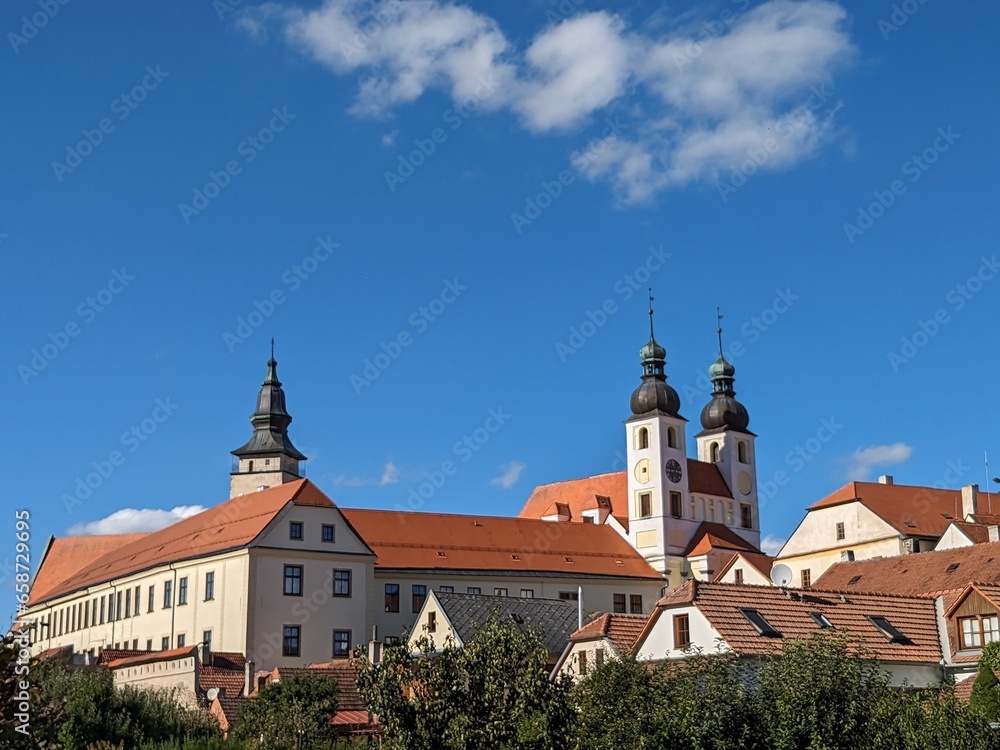 Telc town in the southern Czech Republic.Known for its Italian Renaissance architecture chateau, formerly a Gothic castle,old town square and columns view-UNESCO