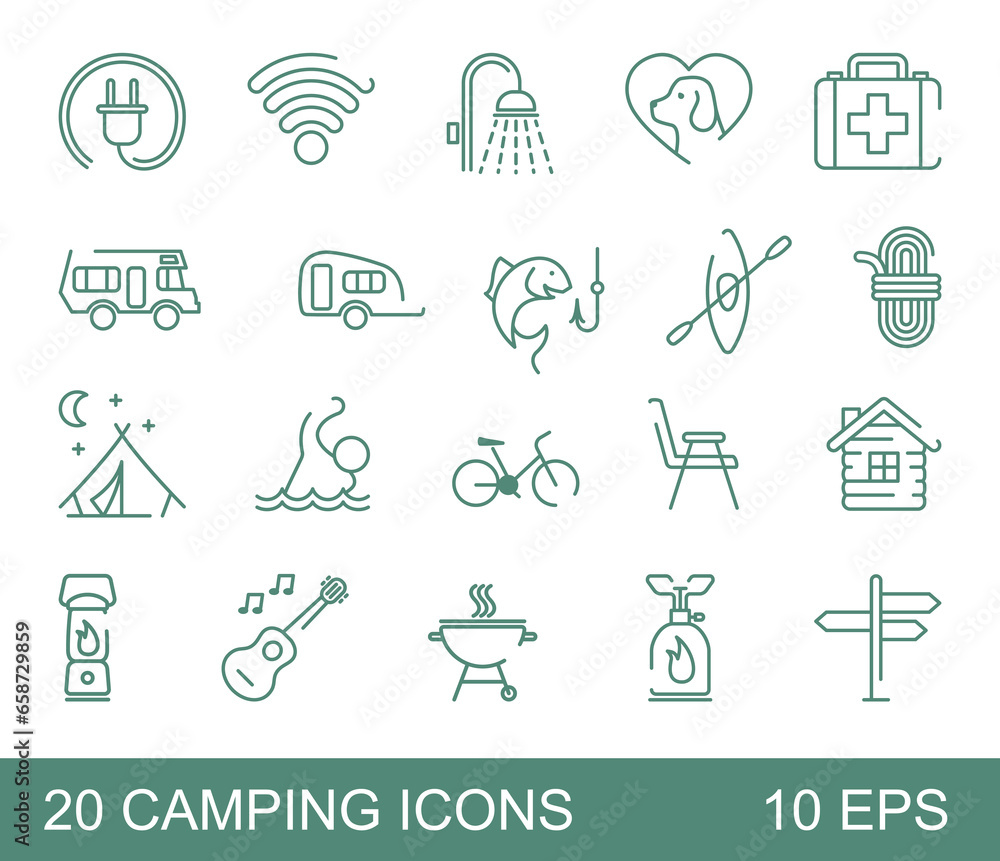 A set of thin linear icons on the theme of camping and outdoor recreation A set of thin linear icons on the theme of camping and outdoor recreation