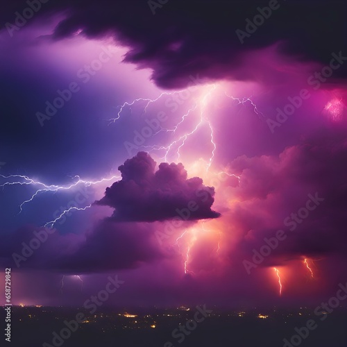 Yellow orange red purple violet blue clouds. Storm hurricane thunderstorm rain wind. Dark colorful dramatic sky. Flash glow light lightning. Background for design