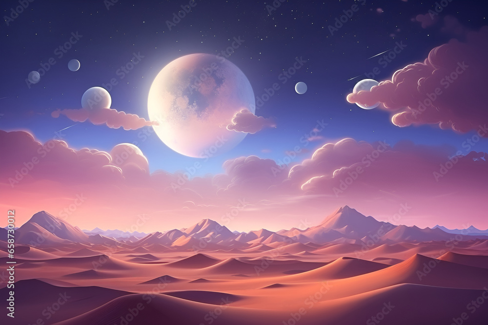 Desert fantasy concept illustration with planets, pink clouds and stars.
