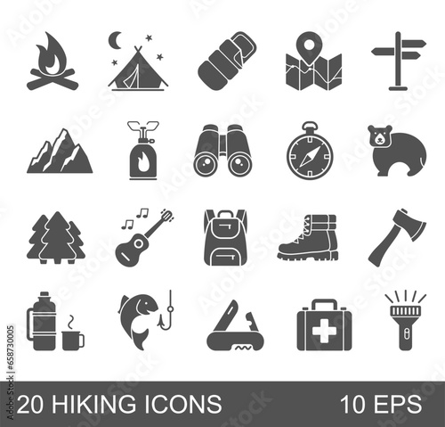 A set of flat icons on the theme of hiking and outdoor recreation