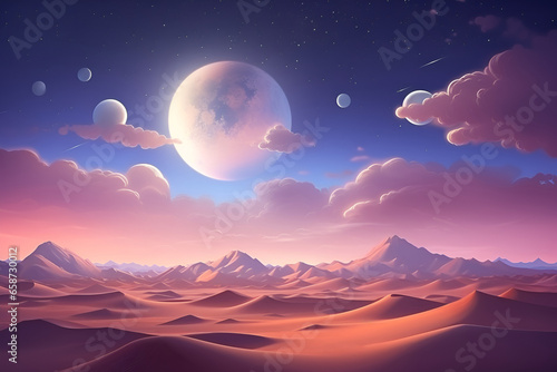 Desert fantasy concept illustration with planets, pink clouds and stars. © JulMay